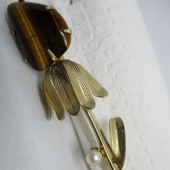 TIGER EYE Genuine PEARL Gold Tone Flower Brooch - Picture 4 of 8